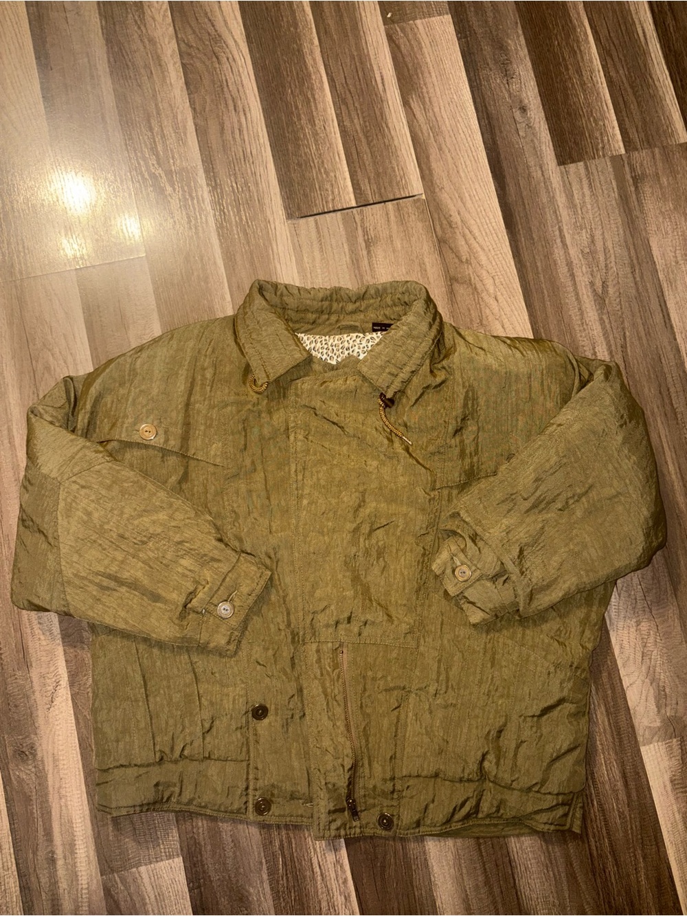 Vintage Andy Johns Olive Green Bomber Jacket Leopard Print Lining 80s 90s Large
